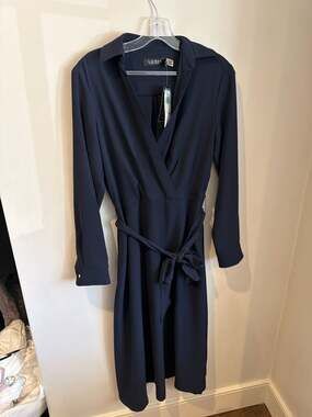 Ralph Lauren Long Sleeve Surplice Georgette Midi Dress Navy size 4 New